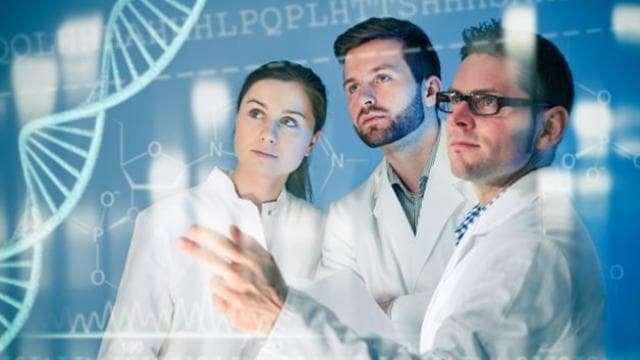 Geneticists with DNA structure