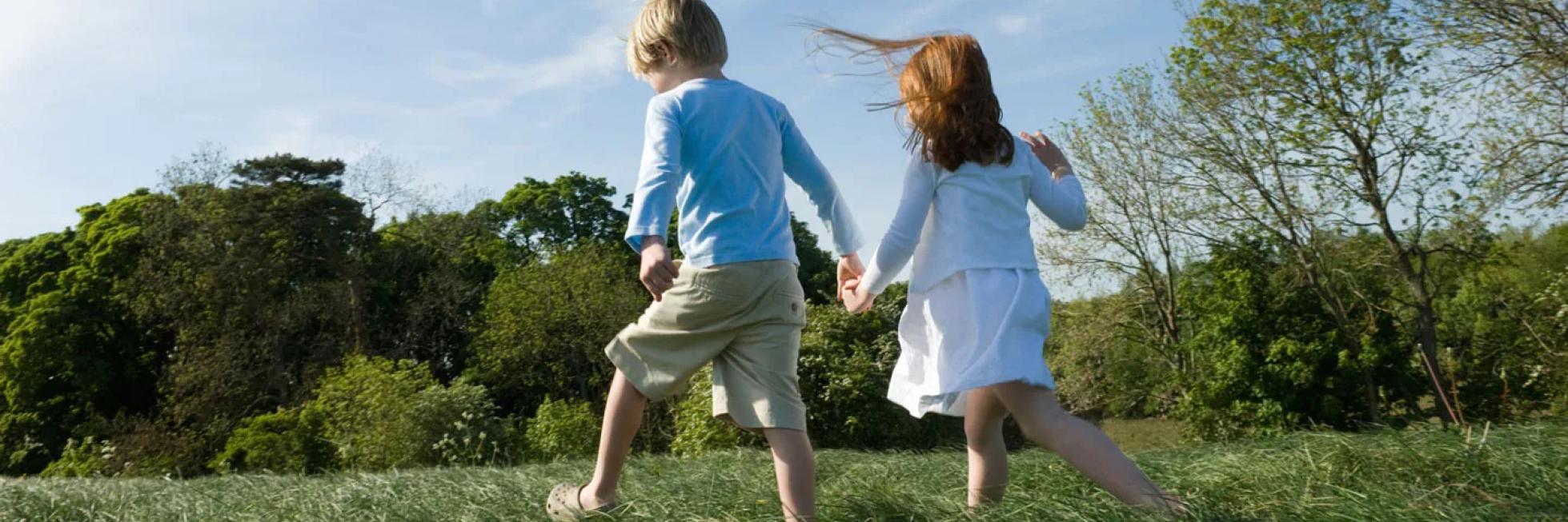 2 人の子供が手をつなぎ、木々と青い空を背景にした草原を歩いています。